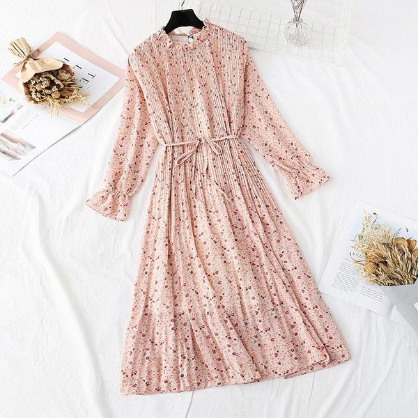 

casual dresses floral print chiffon dress 2021 women spring flare sleeve ruffle pleated long elastic waist vintage femme vestidos, Black;gray