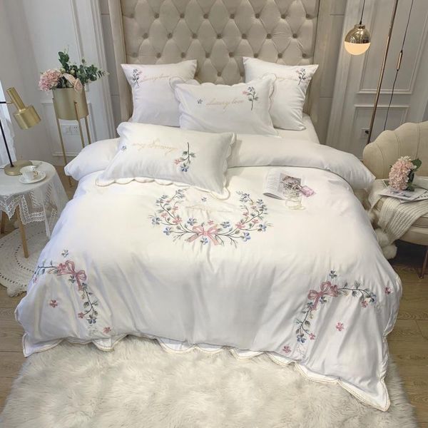 

bedding sets chic floral embroidery home textile white pink princess set silk cotton duvet cover bed fitted sheet shams pillow