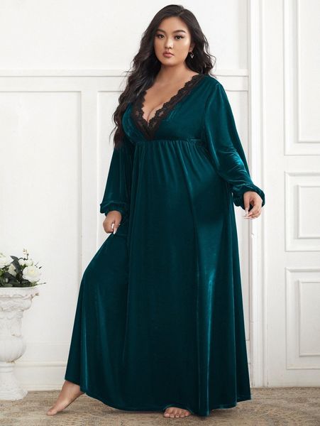 

plus v-neck lace trim sleepdress k853#, Black;white