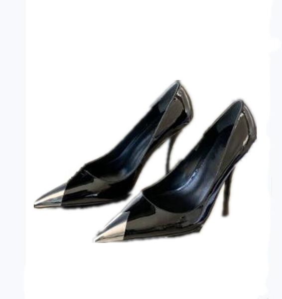 Moda alla moda master brand tacchi alti scarpe eleganti in pelle verniciata scamosciata stiletto in metallo punta a punta decorazione oro nero argento formale banchetto casual