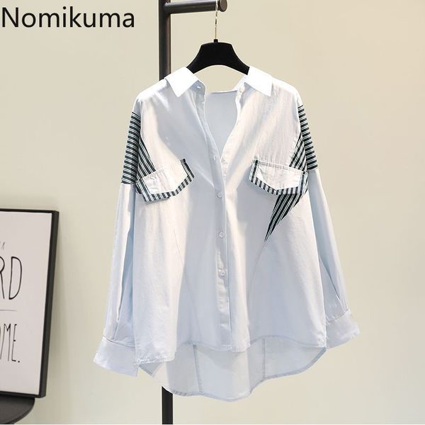 

nomikuma stripe patchwork blouses women spring summer new causal long sleeve fake two pieces blusas shirt 6g601 210427, White