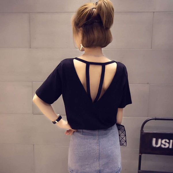

women's t-shirt net red ins super fire short sleeve summer dress korean fashion loose and thin open back hollow clothes 4lgr, White