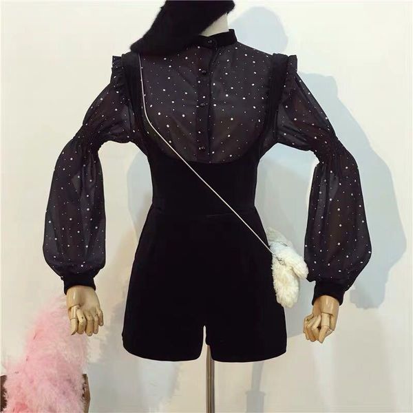

two piece dress 2021 spring women elegant long sleeve polka dot chiffon shirt velvet suspender shorts black girls suit, White