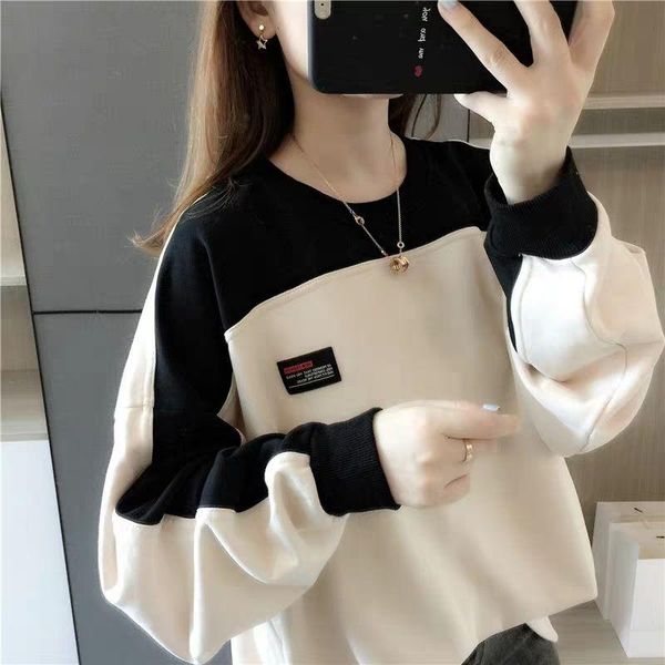

cotton loose casual large early spring fashion korean round neck color matching autumn hoodie with sleeves women's hoodies & sweatshirt, Black