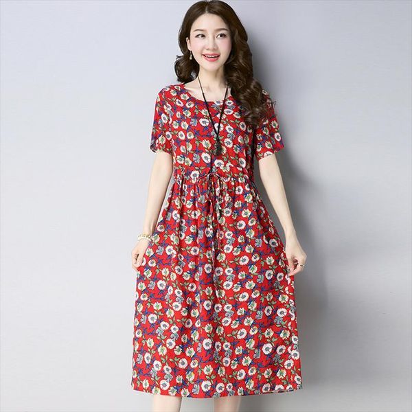 

summer floral printed cotton linen womens dress o neck short sleeve vestidos femininos midi, Black;gray