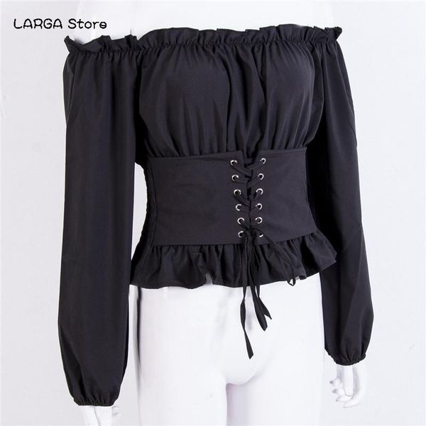 

women's t-shirt fashion women off shoulder wear lace-up waist corset long sleeves autumn pure color tee female, White