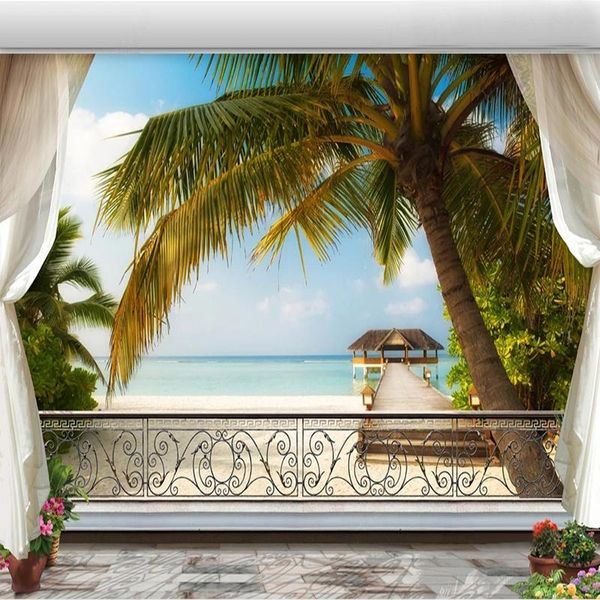 Wallpapers personalizado 3d power wallpaper balcão praia vista mar sala de estar quarto sofá tv fundo casa decoração mural pano de parede papel fresco