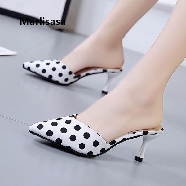

dress shoes marlisasa mujer tacones altos women fashion white dot slip on high heel ladies casual navy blue summer stiletto h5219, Black