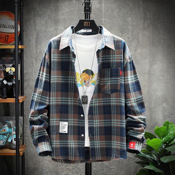 

casual plaid shirt men looser fit cotton male long sleeve shirts youth is in fashion for men's, White;black