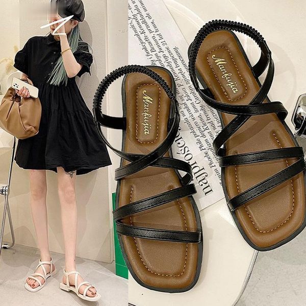 

sandals 2021 casual roman cross-tied flat elastic slip on open toe leather women black summer 35-40