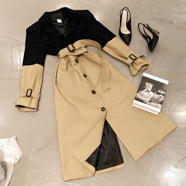 

wool autumn winter outwear black khaki patchwork single breasted long trench cloth women notched sashes casual wind coat t7gt