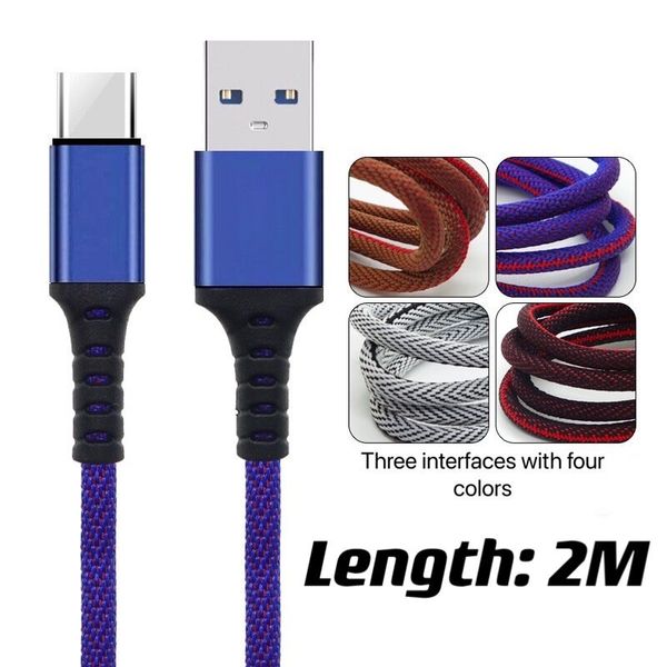 2 m/6 ft Hochgeschwindigkeits-Micro-USB-Typ-C-Kabel, Ladedaten, Synchronisierung, Metall-Telefonadapter, Dicke, starkes, geflochtenes Ladekabel