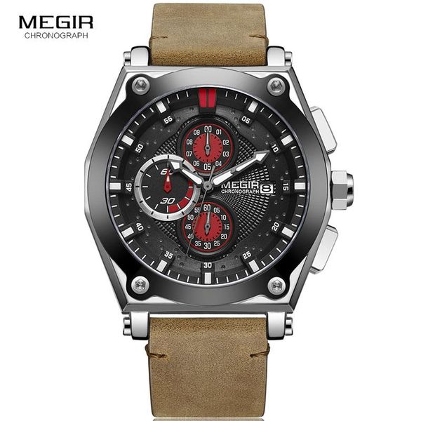 

wristwatches megir men's retro quartz watches brown leather strap relogio masculino chronograph wristwatch 2098 silver blac, Slivery;brown