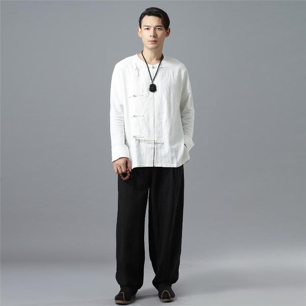 

yoga outfits spring men tai chi shirt sweatshirt linen loose long sleeve sport jogger casual kungfu martial arts sportswear, White;red