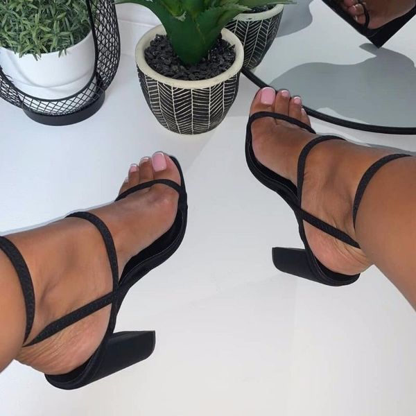 

sandals women pumps 2021 narrow band slip on high heels back strap females shoes square toe elegant party ladies summer, Black