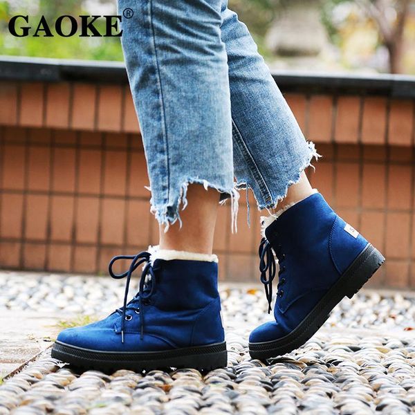 

woman boots lace up rubber ankle winter shoes platform low heels warm snow, Black