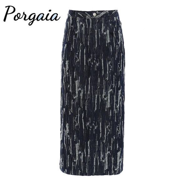 

porgaia preppy style empire a-line ruffles slim bodycon cotton denim middle long skirt vintage pleated skirts, Black