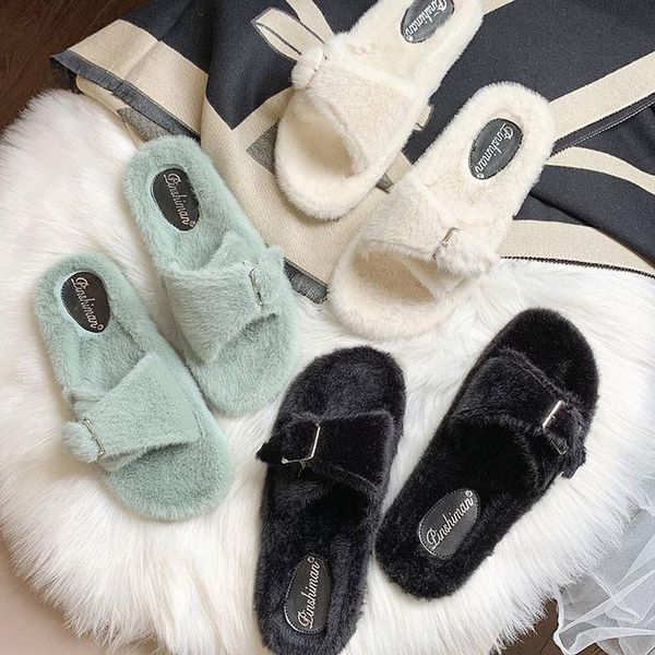 

slippers mink hair lady for autumn and winter web celebrity are available in the same style as flip-flops women, Black