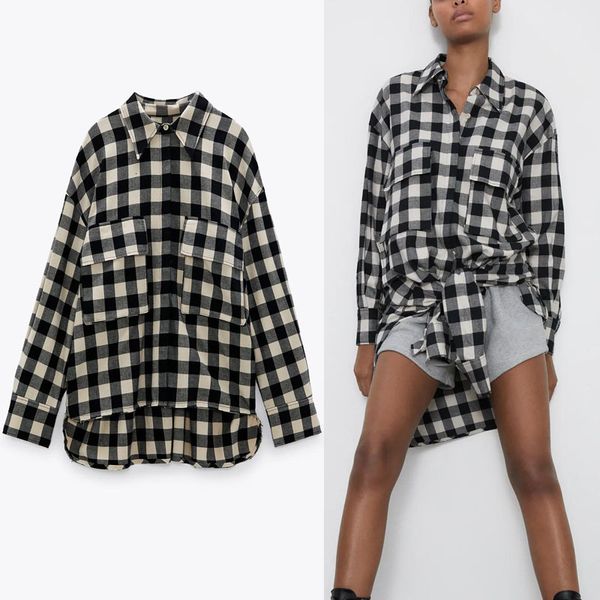 

dresses plaid shirt women long sleeve asymmetrical frayed hem office lady shirts woman chic plus size loose casual top, Black;gray