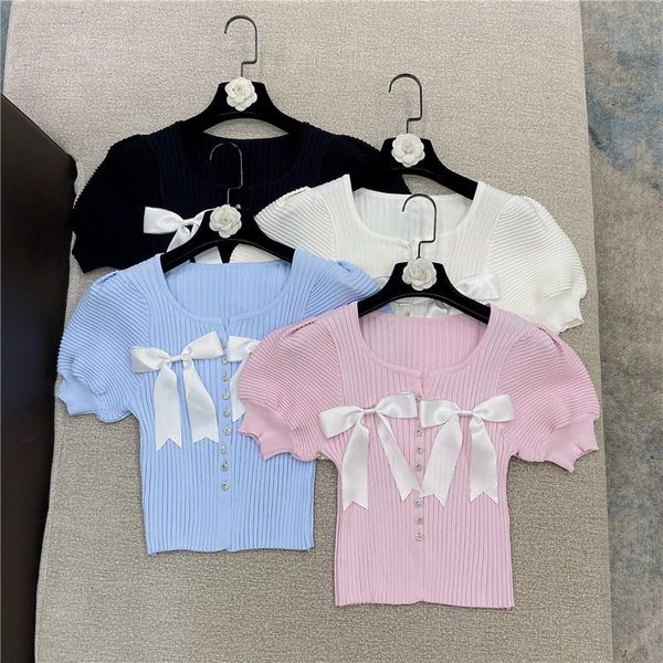 

summer double bow slim slimming knit women 0407 women's t-shirt, White