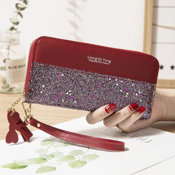

wallets luxury women's sequined pu leather long wallet sequin patchwork glitter coin purse fashion tassel female, Red;black