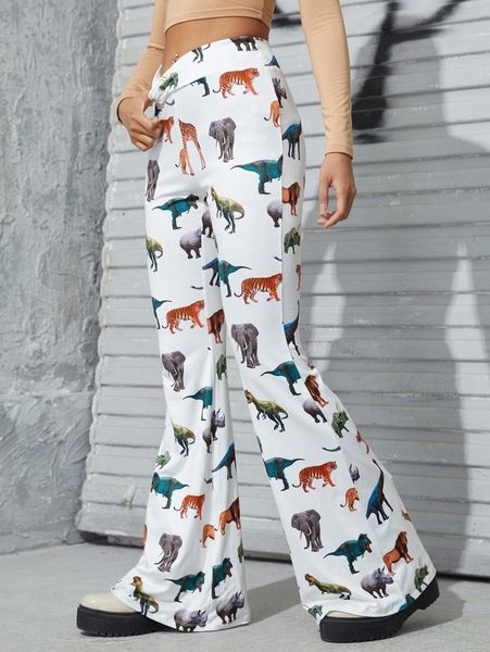 

animal print flare leg pants v5b7#, Black;white