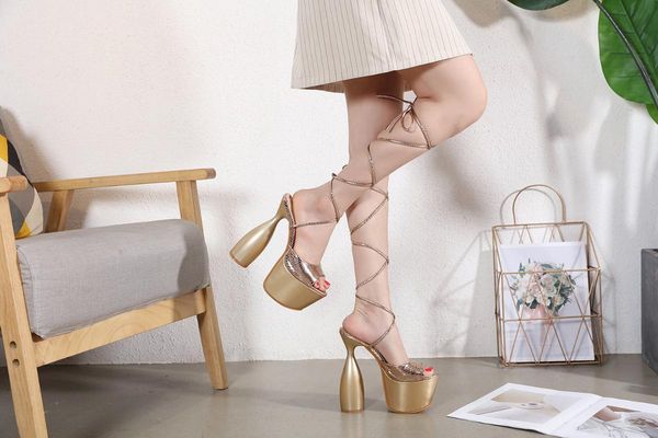 

sandals snake print golden lace-up fashion strange thick heel platform peep toe ankle cross high heels party shoes, Black