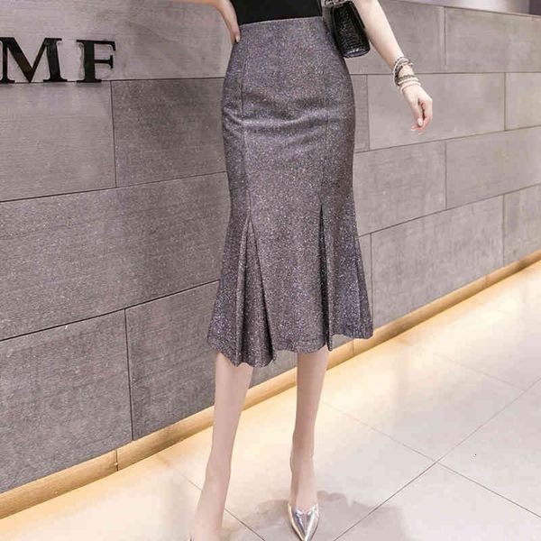 

casual dresses bling ol elegant mermaid trumpet calf long skirts slim hip metallic business lady pleated sece, Black;gray