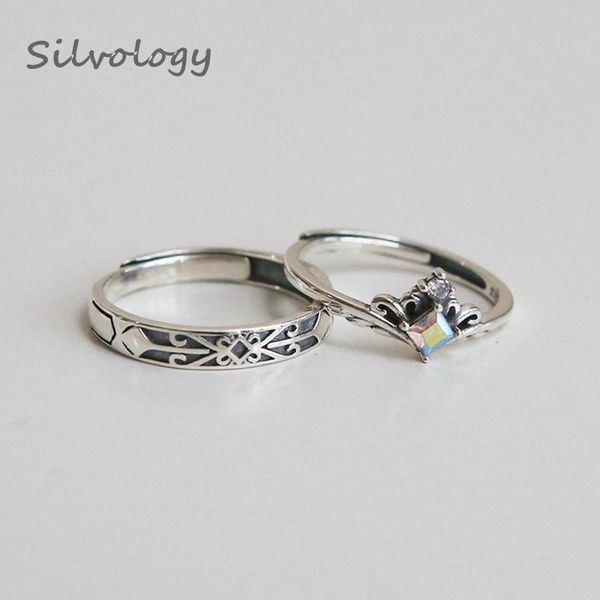 

cluster rings silvology 925 sterling silver princess and knight couple zircon crown elegant romantic for women friendship jewelry, Golden;silver