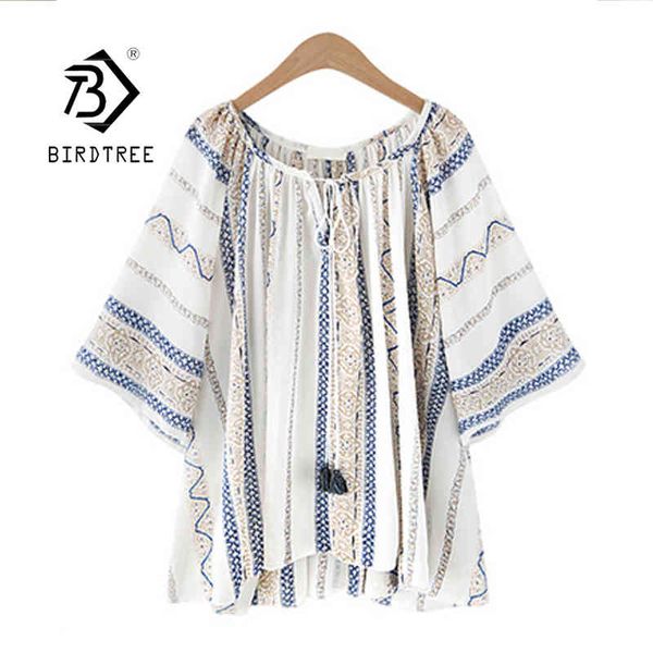 

vintage summer autumn plus size t-shirts short sleeve cotton linen striped loose women casual blouses t14423x 210419, White