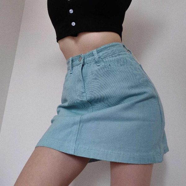 

women's shorts womengaga 2021 fresh blue retro high-waisted above knee skirts for women small slit denim a-line skirt vintage y5rz, White;black