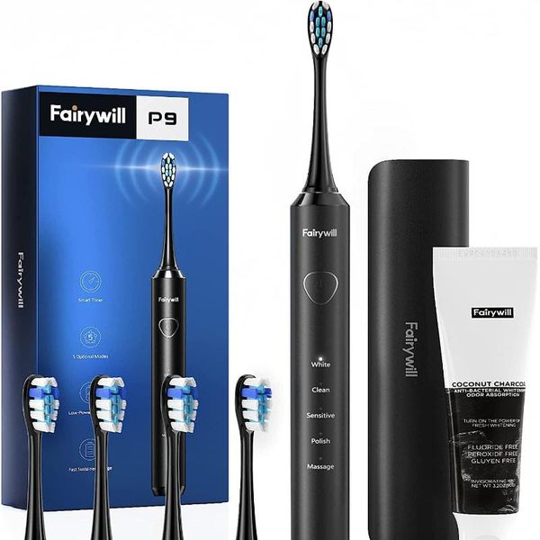 

smart electric toothbrush fairywill pro p9 quieter 4 replacement heads rechargeable 5 modes timer with travel case& toothpaste