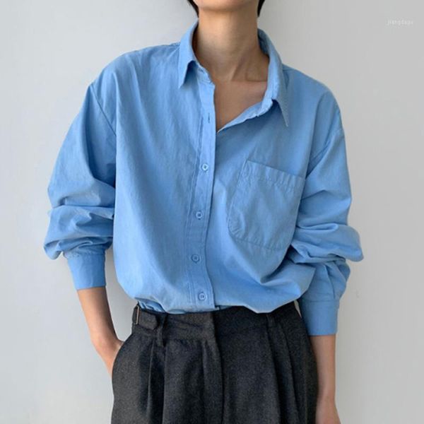 

korean simple basic lapel single-breasted loose blouse all-match casual solid color pocket long-sleeved shirt women's blouses & shirts, White