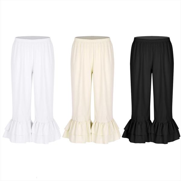 

sweet dance trousers retro vintage womens capris elastic waist ruffles hem pantaloons bloomers underpants victorian era costume, Black;white