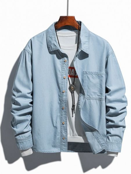 

men pocket patched denim shirt without tee t83h#, Blue