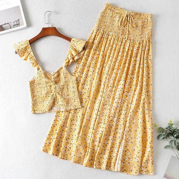 

inspired 2 piece set women yellow summer 2 piece outfits for women ruffle long skirt women two piece outfits beach new 210412, White