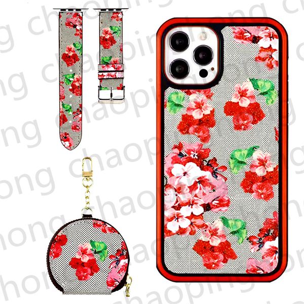 Capas de telefone luxuosas de 3 peças para fone de ouvido universal protetor faixa de relógio para iPhone 15 14 13 Pro Max 12 11 XR X XsMax Série IWatch Strap Cor Flor Mulheres Capa de telefone celular