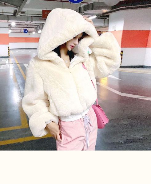 

women's fur & faux autumn winter jacket coat artificial zipper street dress high waist hooded plush knitted, Black