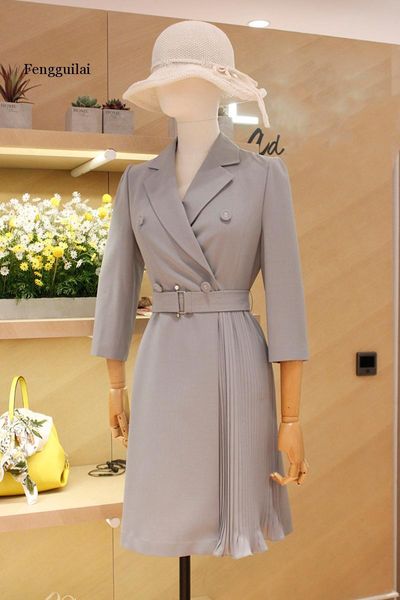 

casual dresses elegant turn-down collar sashes double breasted women blazer dress bodycon female short office ladies vestidos, Black;gray