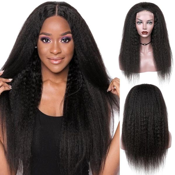 

lace wigs kinky straight wig in human hair remy yaki 4x4 for women brazilian closure, Black;brown
