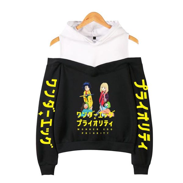 

men's hoodies & sweatshirts 2021 japanese manga wonder egg priority off shoulder women pullover fashion streetwear anime clothes, Black