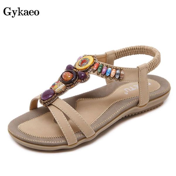 

gykaeo summer national women sandals bohemia string bead large size flat shoes ladies soft bottom beach sapato feminino, Black
