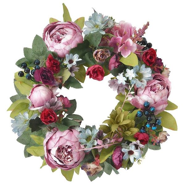 

artificial peony wreath, 16inch flower wreath with green leaves blooming peonies for home front door wedding wall decor decorative flowers &