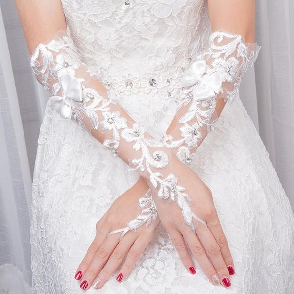 

bridal gloves wedding fingerless glove with lace appliqued bow elegant accessories, White