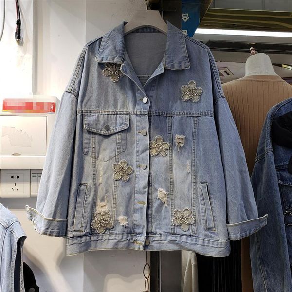 

women's jackets embroidered flower exquisite rhinestone denim short coat loose street jeans jacket woman autumn coats mujer, Black;brown