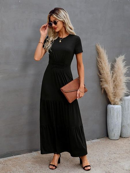 

ruched front ruffle hem maxi a-line dress she, Black;gray