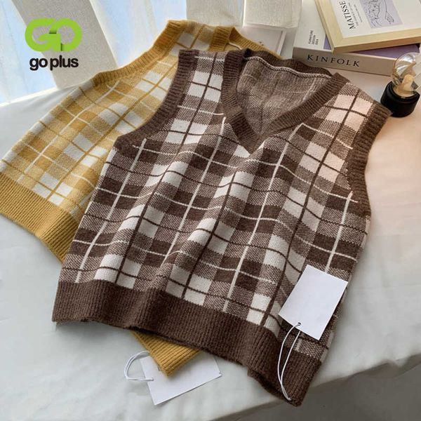 GOPLUS Sweater tops puxar vintage marrom preto preto colete mulheres xadrez xadrez top em v pescoço colete coreano weste pulôver c11638 211008