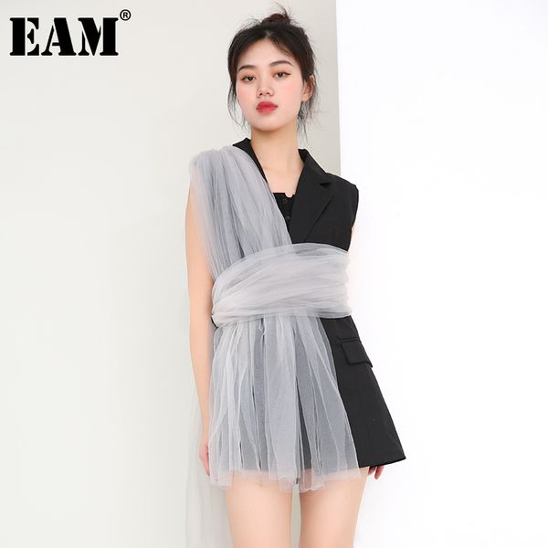 

[eam] women loose fit black mesh bandage split joint irregular vest lapel sleeveless fashion spring summer 1x34101 21512, Black;white