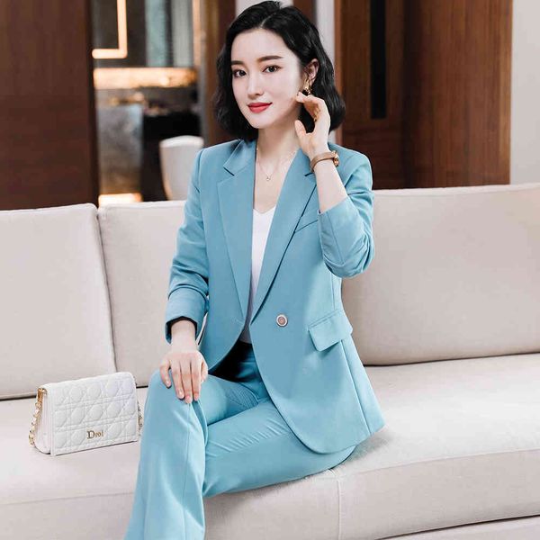 

pant office lady of solid work woman's suit girl one button black blazer blue and pants two piece together, White