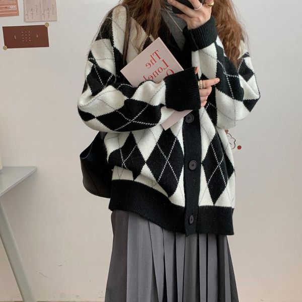 

women's knits & tees vintage argyle plaid knit women sweater cardigans autumn single-breasted button long sleeve jumper outerwear jacke, White